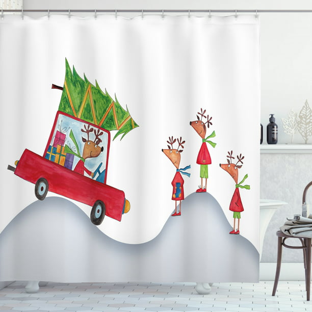 Reigndeer Family Father in Retro Red Car and Tree Kids Doodle Drawing Artwork Area Rugs Gray White 20 x 48 Christmas Bathroom Mat 